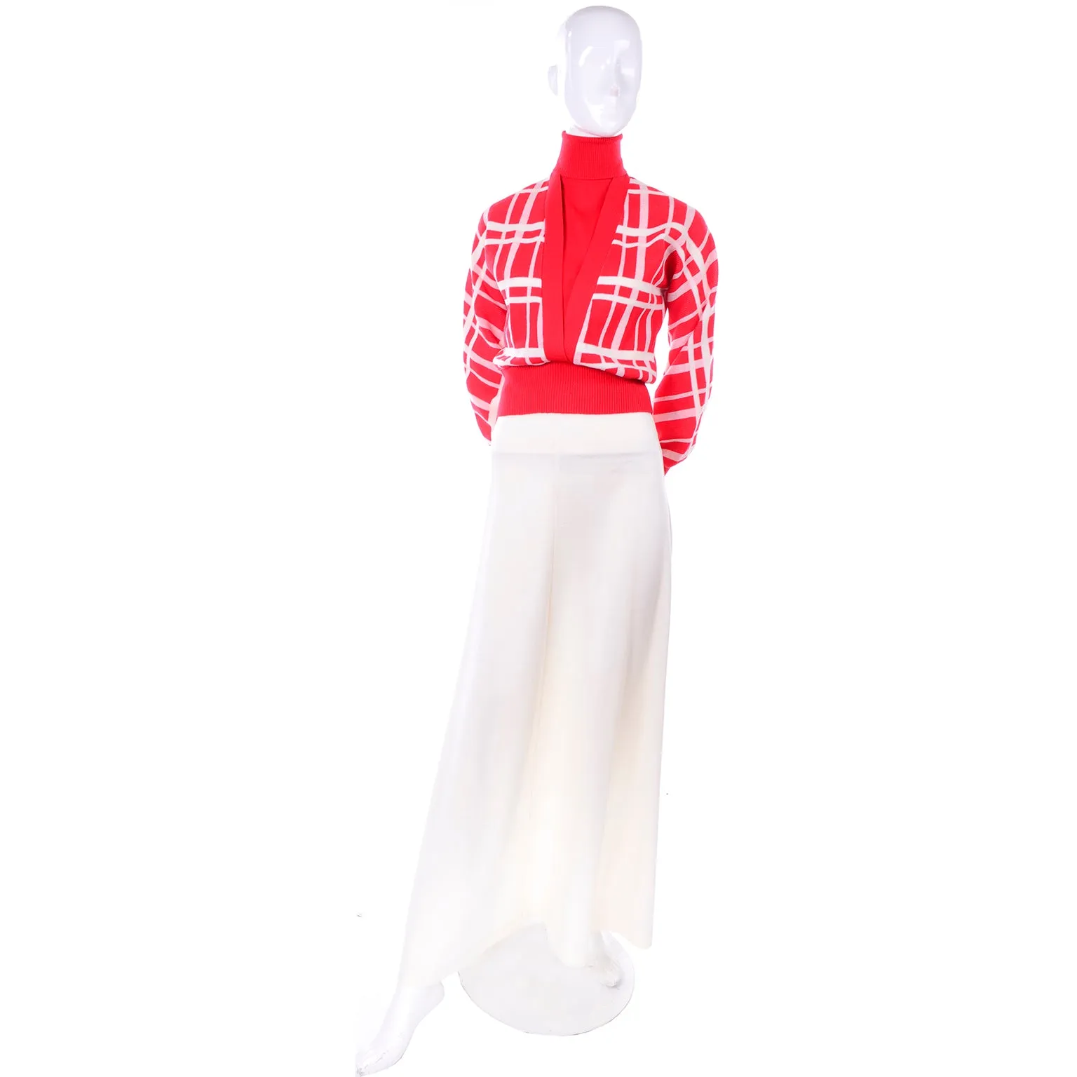 1970s Deadstock Crissa Red & White Knit Maxi Skirt & Sweater Top