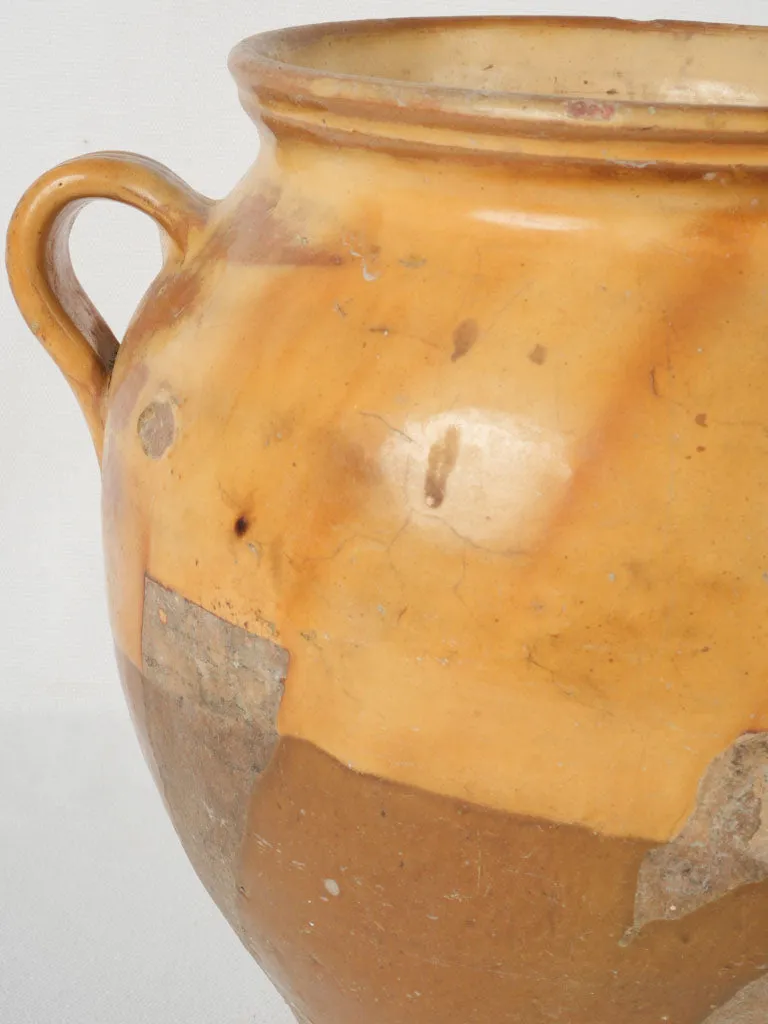 19th-century Provencal confit pot w/ streaked diagonal yellow glaze 11"