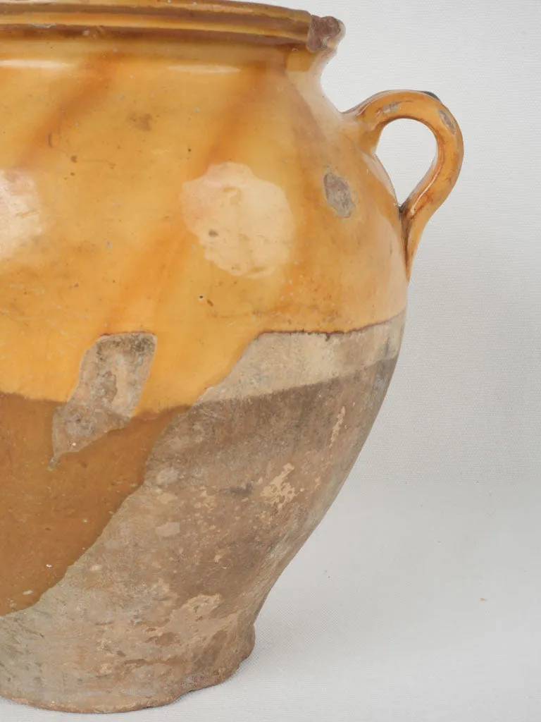 19th-century Provencal confit pot w/ streaked diagonal yellow glaze 11"