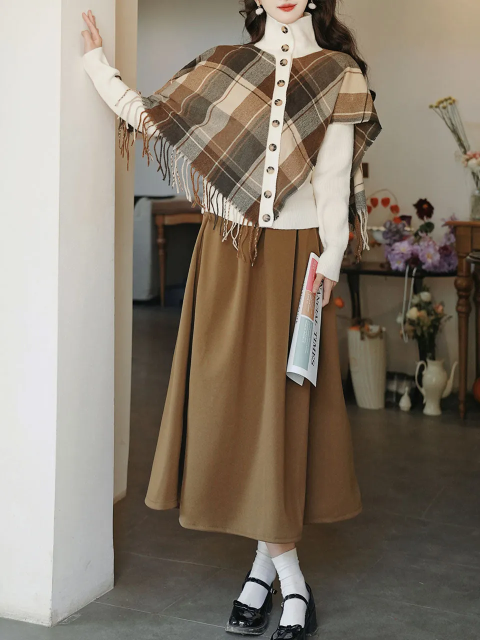 2PS Brown Plaid Turtleneck Knitted Fringed Sweater And Swing Skirt 1950S Vintage Audrey Hepburn's Style Outfits