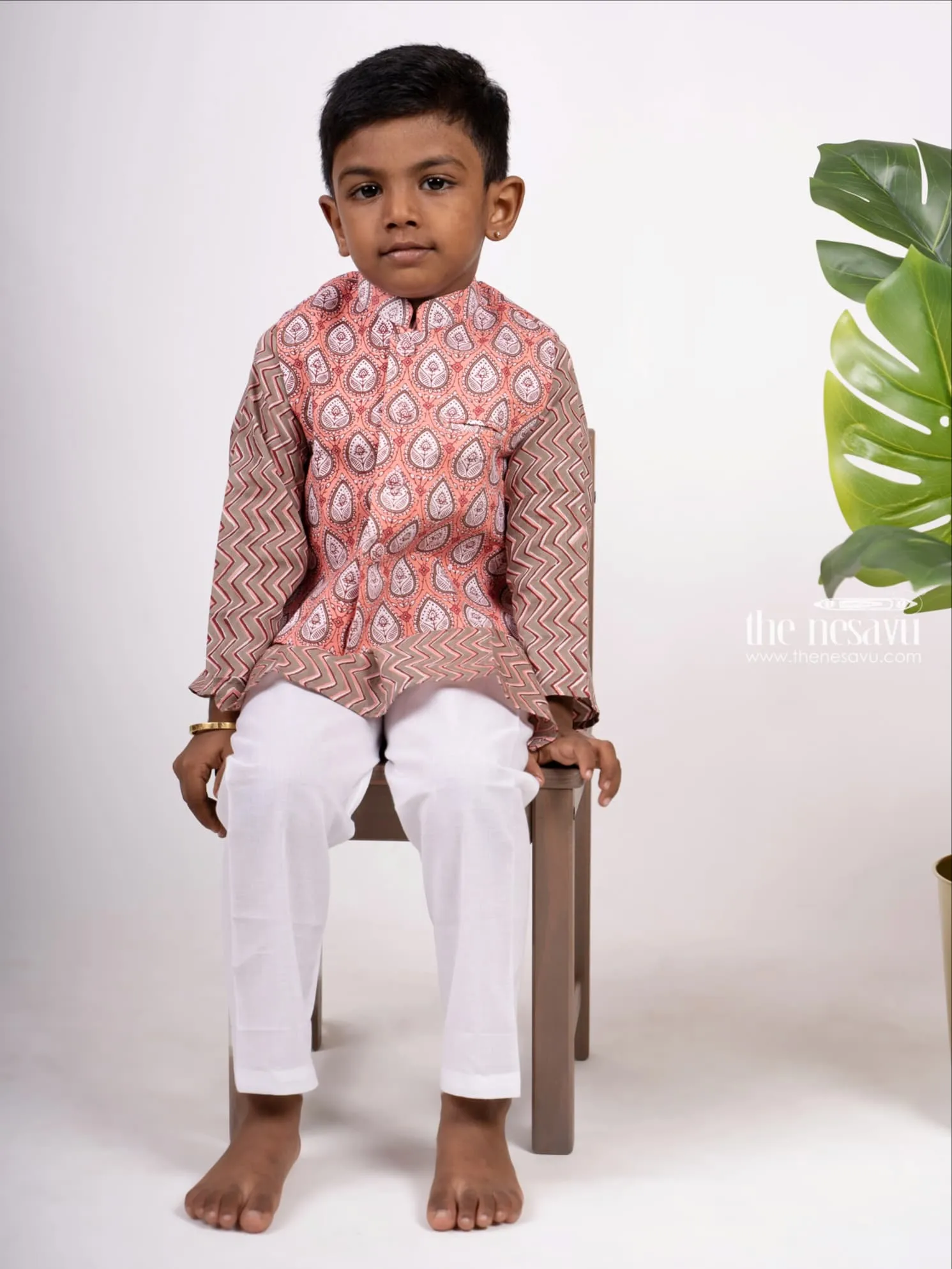 Ajrak Block Printed Kurtha with Printed Jacket Pant Set for Boys