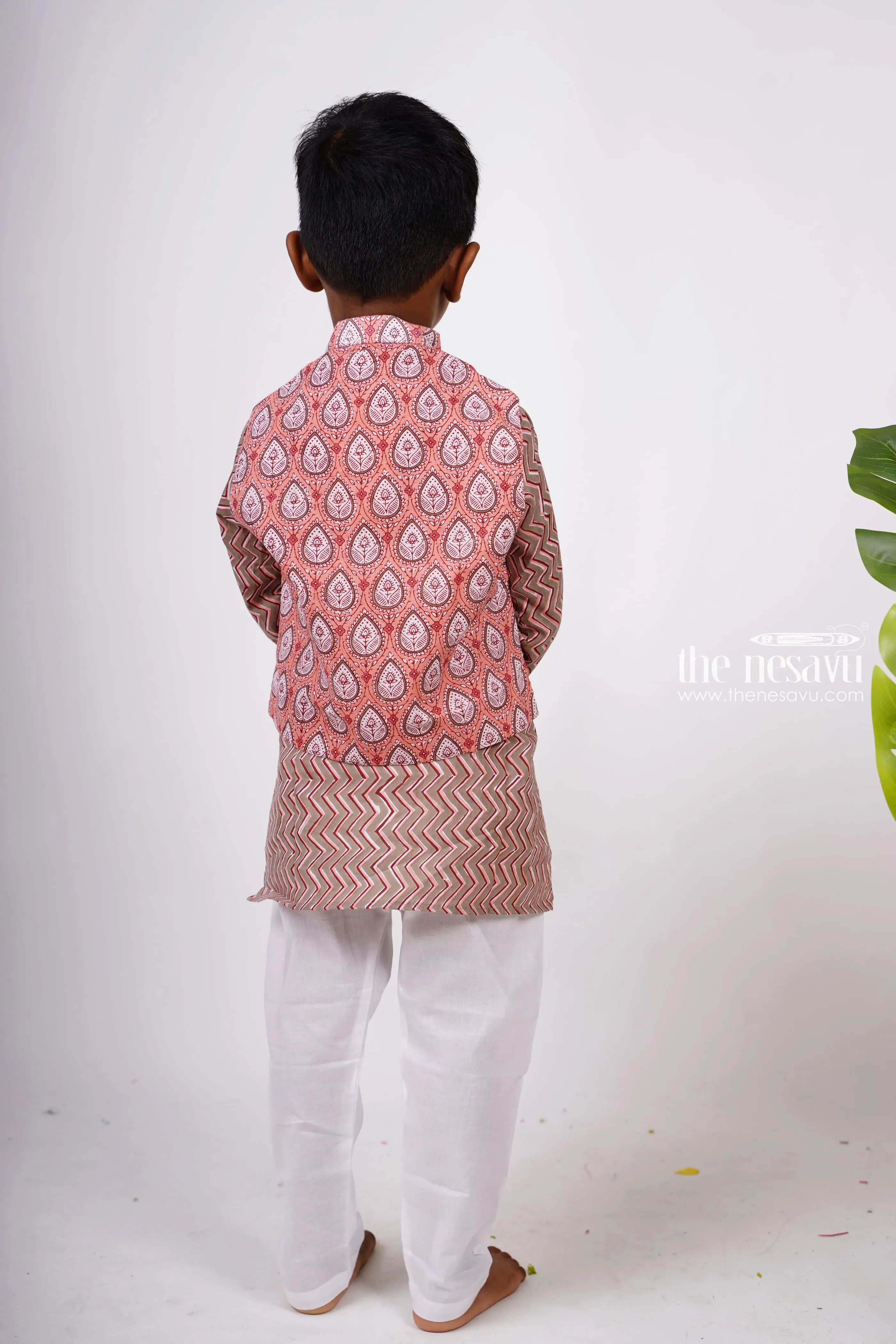 Ajrak Block Printed Kurtha with Printed Jacket Pant Set for Boys