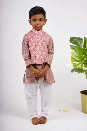 Ajrak Block Printed Kurtha with Printed Jacket Pant Set for Boys