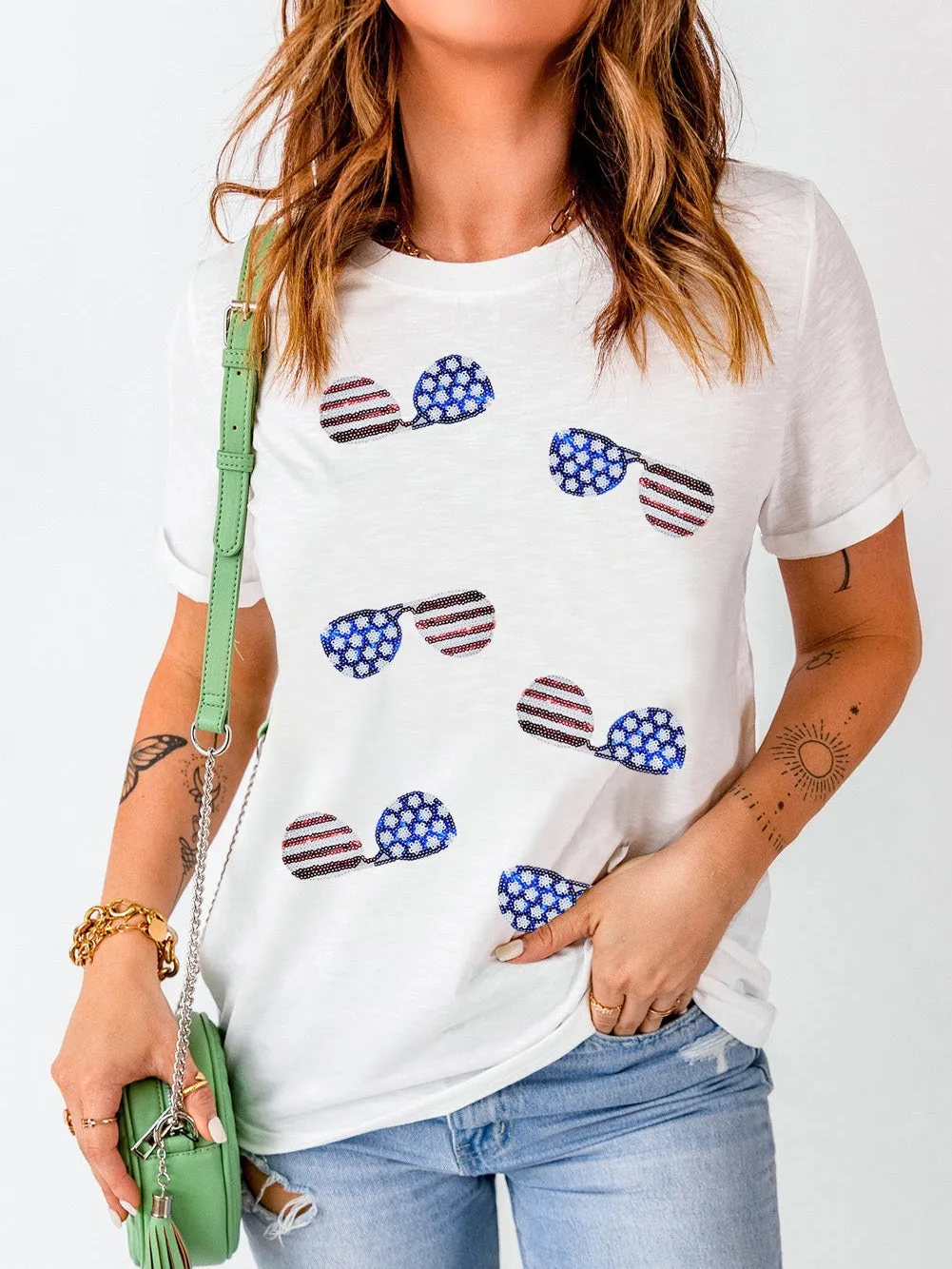 American Flag Sunglasses Sparkle Striped Tee