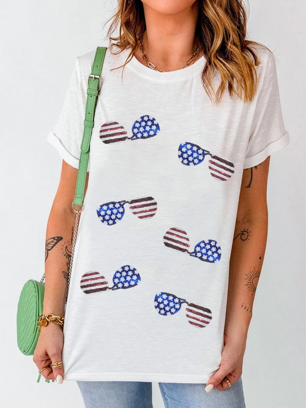 American Flag Sunglasses Sparkle Striped Tee