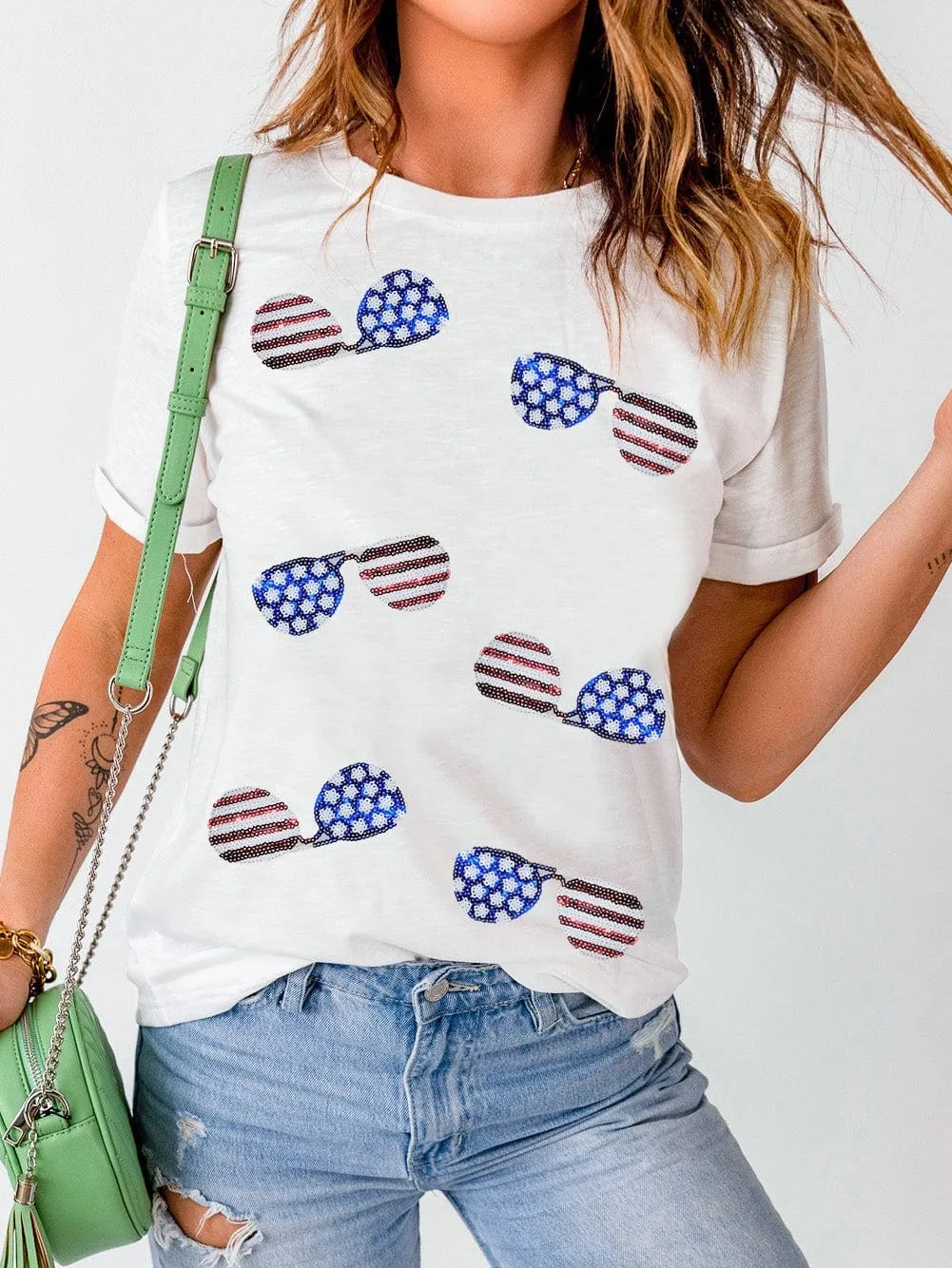 American Flag Sunglasses Sparkle Striped Tee