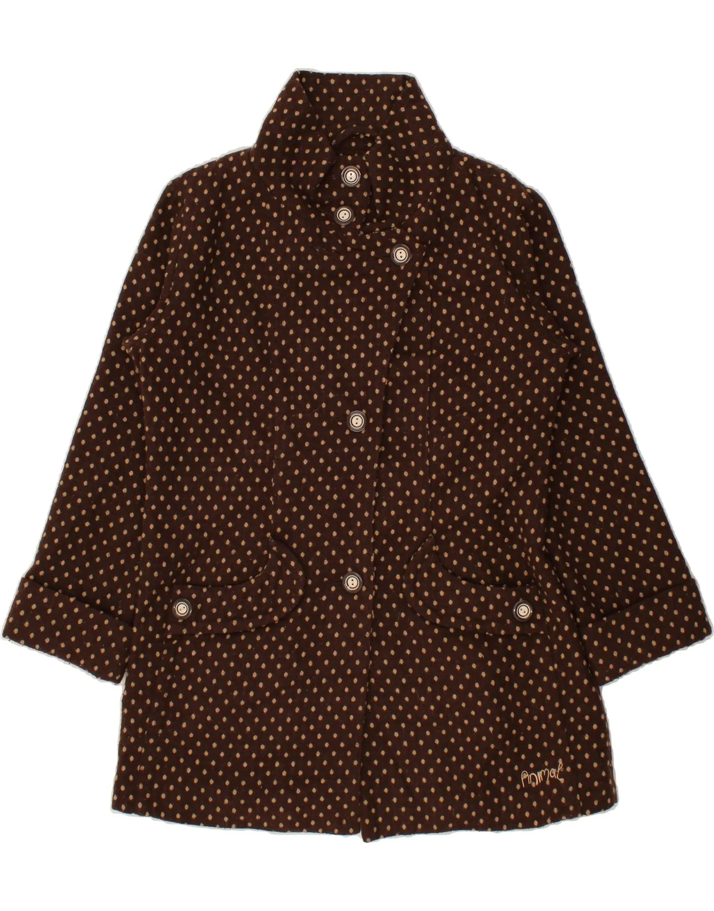 ANIMAL Womens Overcoat UK 16 Large Brown Polka Dot Polyester