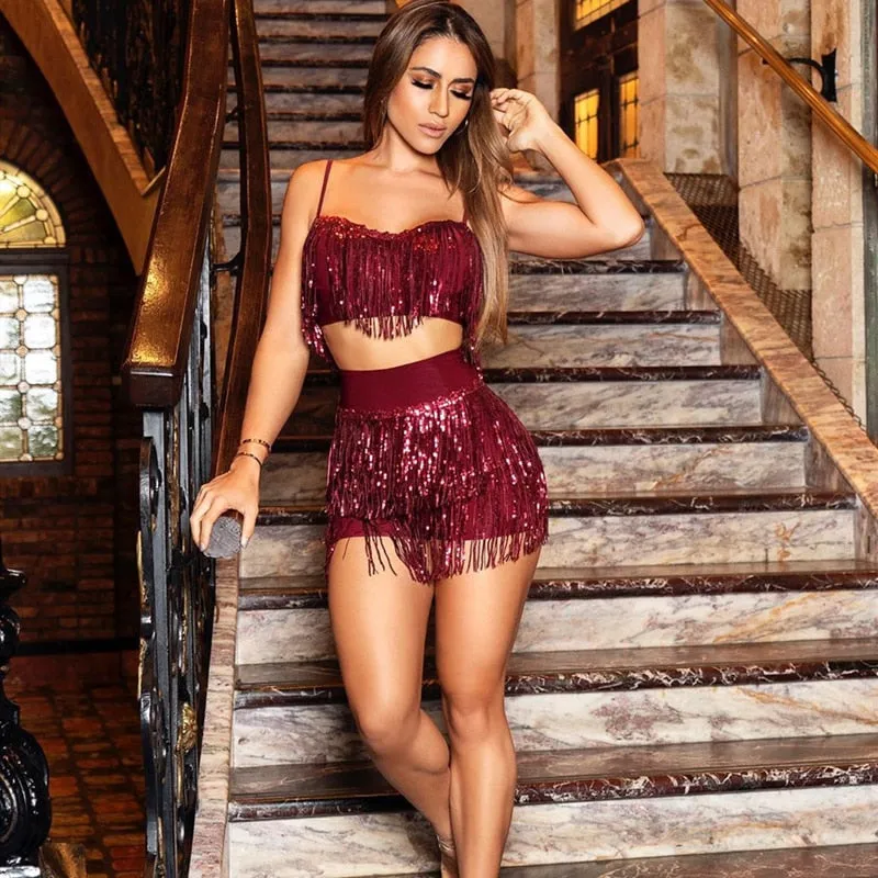 ANJAMANOR Sexy Club Two Piece Set Sequin Fringe Glitter Beach Party Outfits 2 Pcs Set Women Skirt Crop Top Matching Sets D47FD26