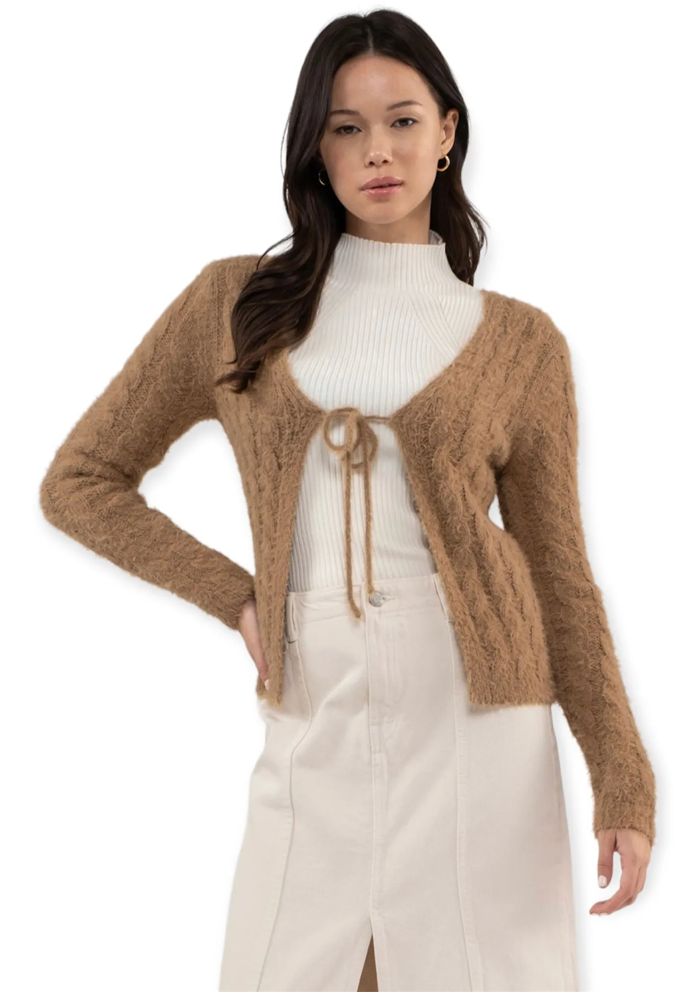 Audrey Tie Front Cozy Cardigan-Brown