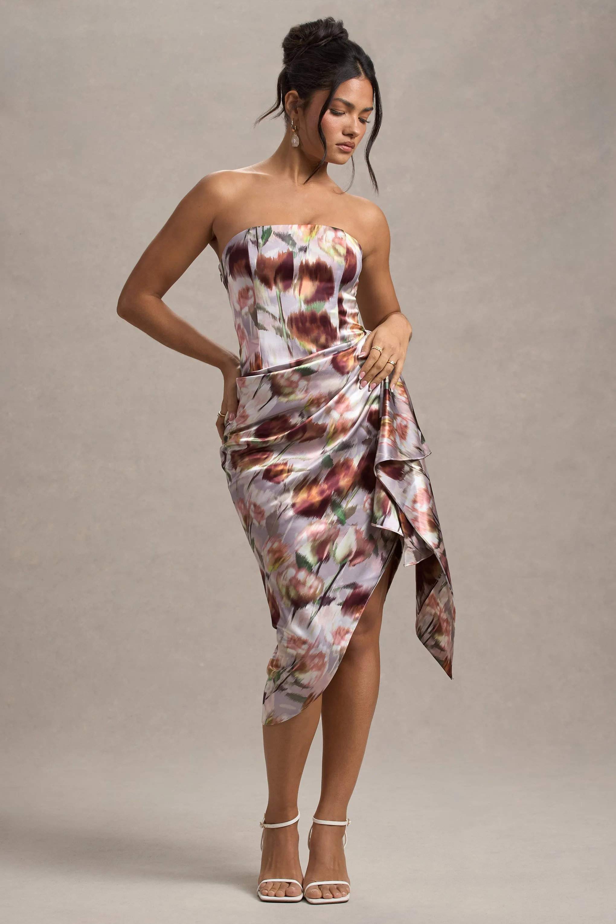 Axel | Cream Floral Print Satin Strapless Wrap Midi Dress