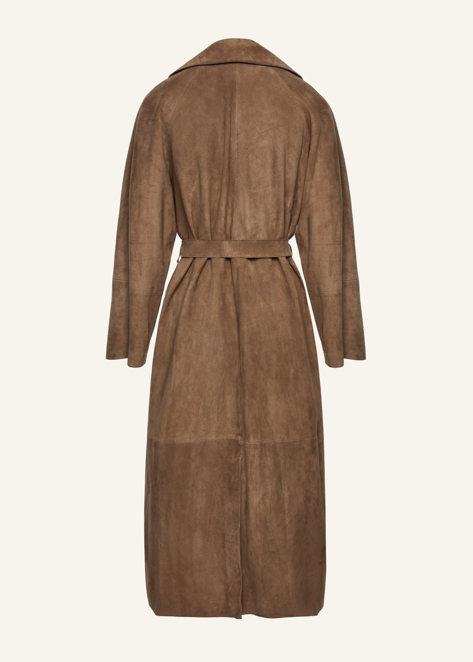 Belted leather wrap coat in beige suede