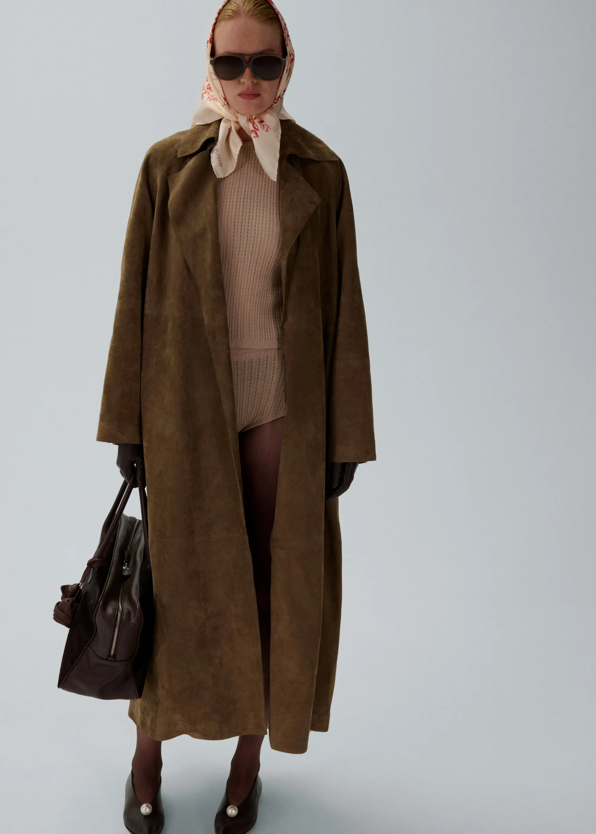 Belted leather wrap coat in beige suede