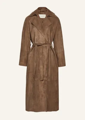 Belted leather wrap coat in beige suede