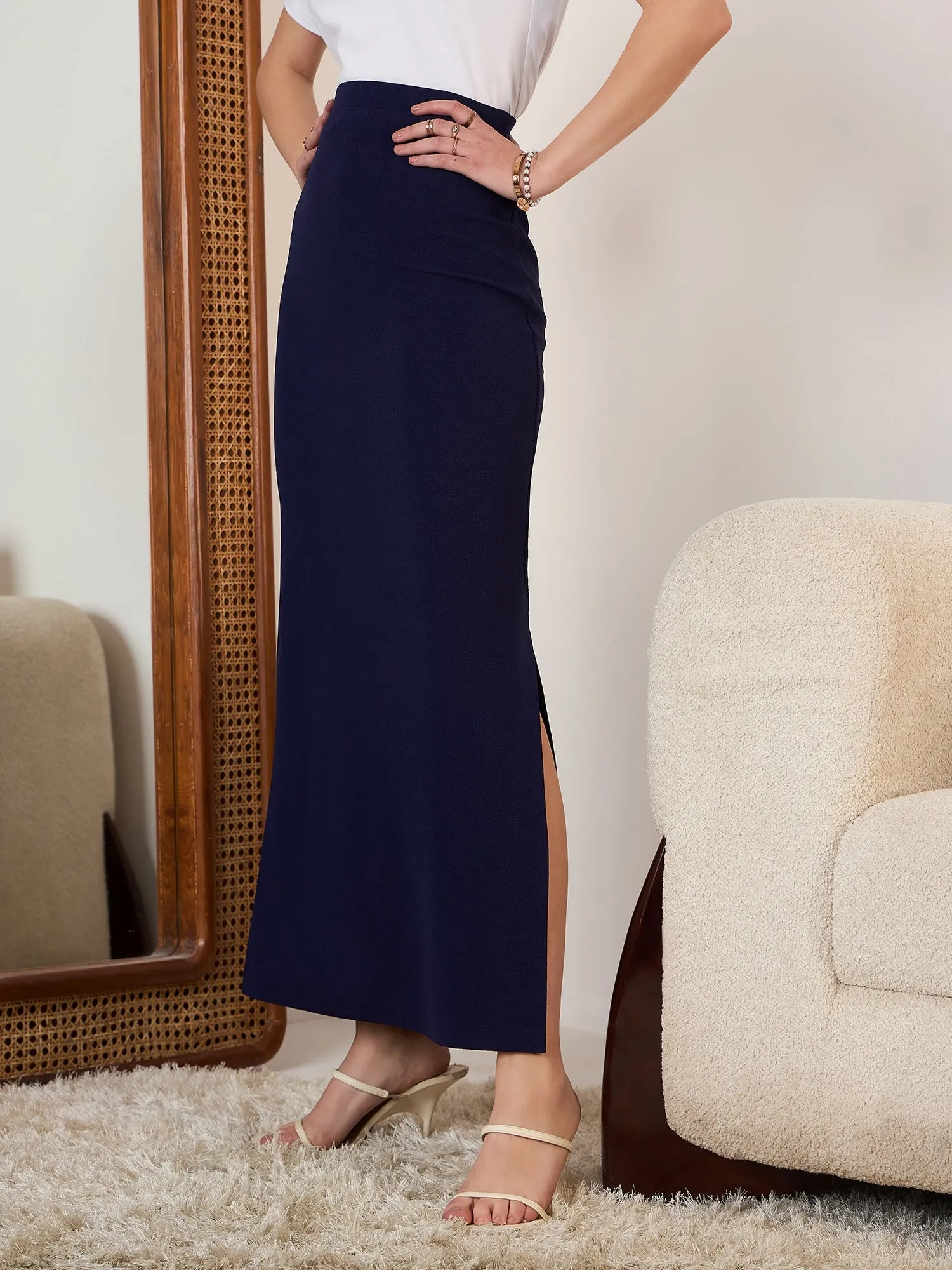 Berrylush Women Solid Navy Blue High-Rise Waist Thigh-High Slit Slip-On Straight Hem Pencil Maxi Skirt