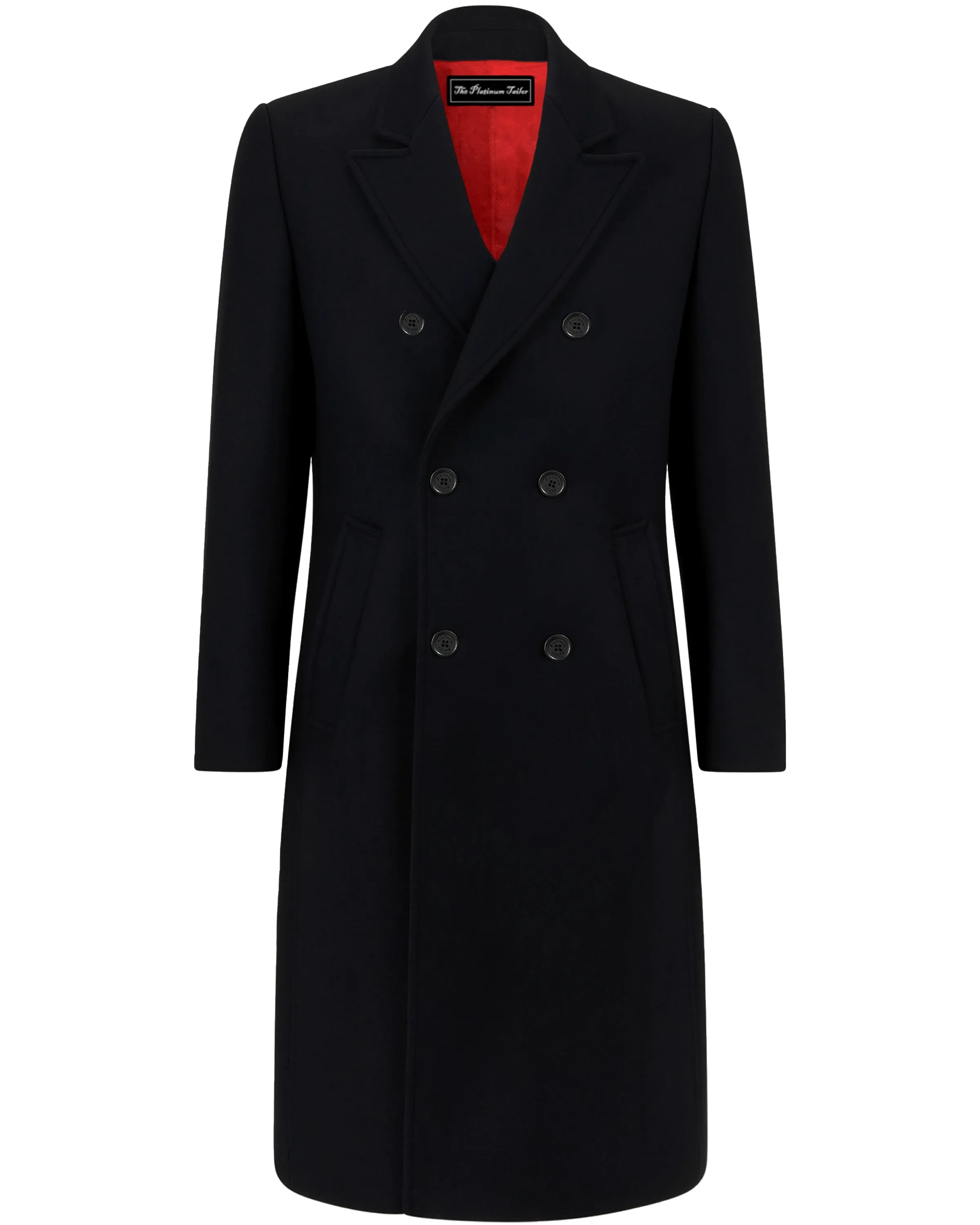 Black Double Breasted Wool Cashmere Long Overcoat Red Lining