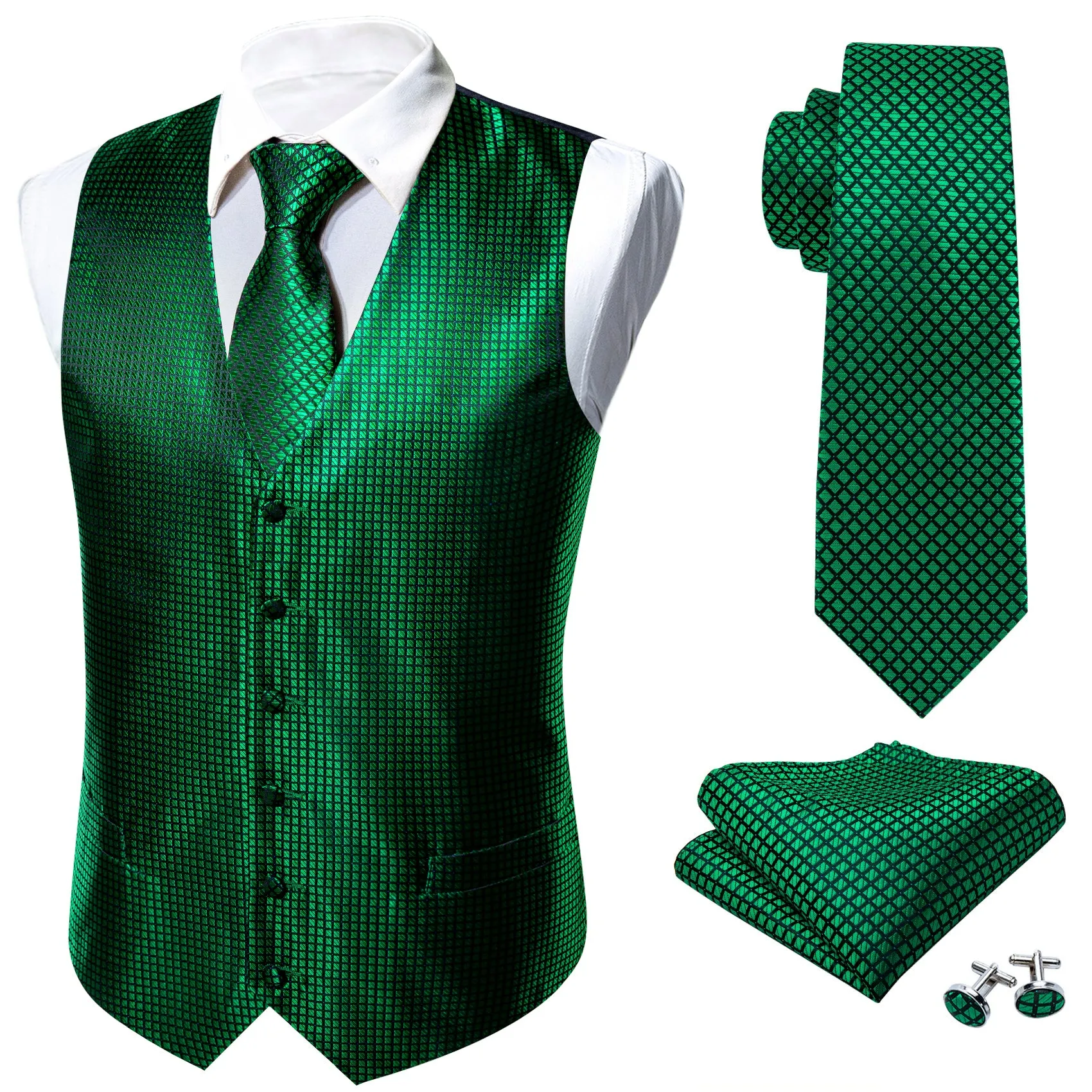 Black Green Plaid Jacquard Silk Men's Vest Hanky Cufflinks Tie Set