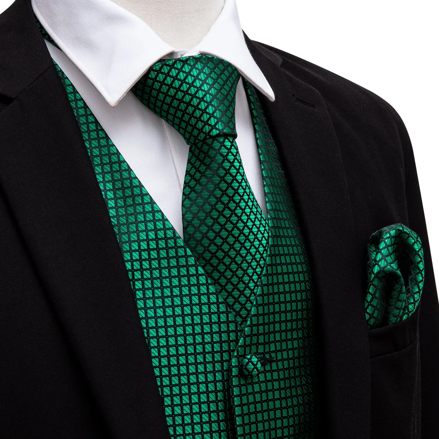 Black Green Plaid Jacquard Silk Men's Vest Hanky Cufflinks Tie Set