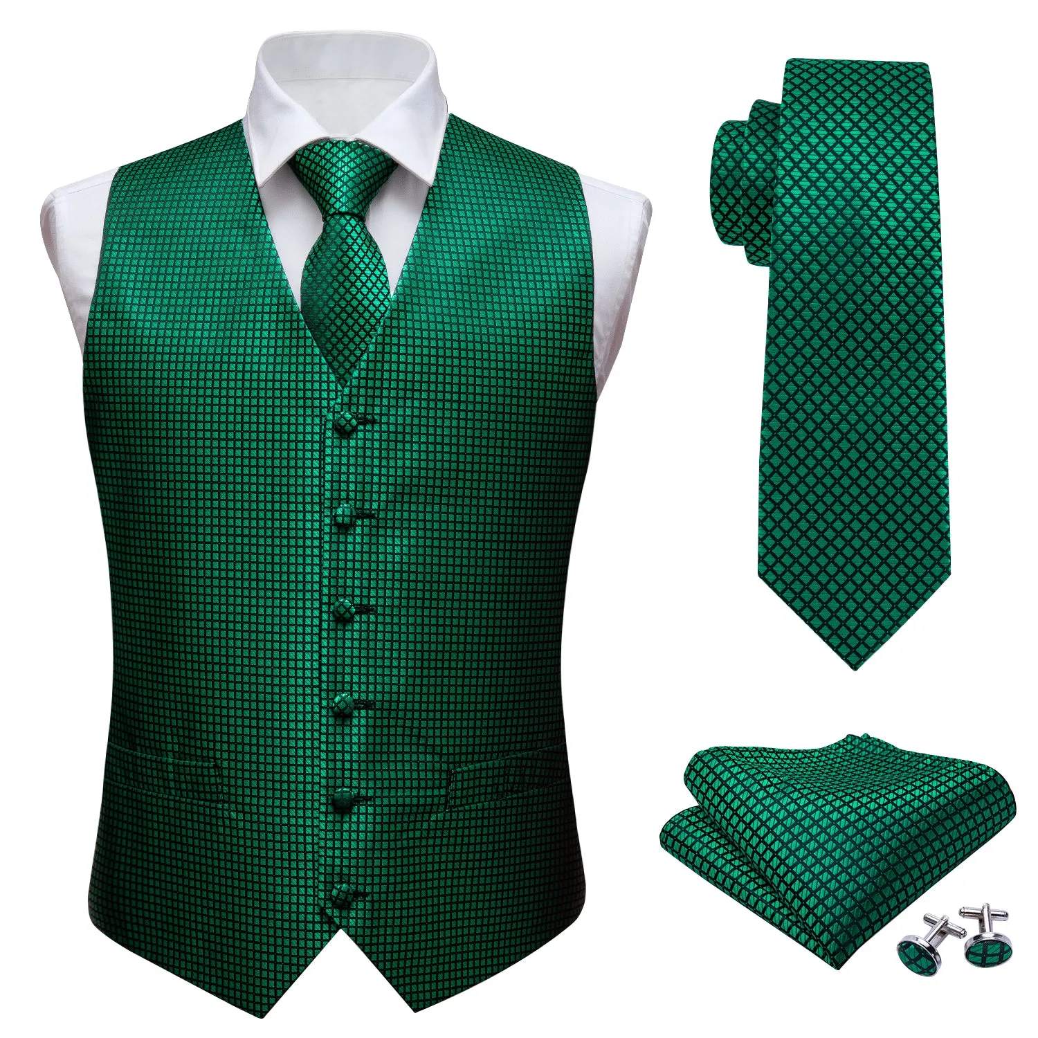 Black Green Plaid Jacquard Silk Men's Vest Hanky Cufflinks Tie Set