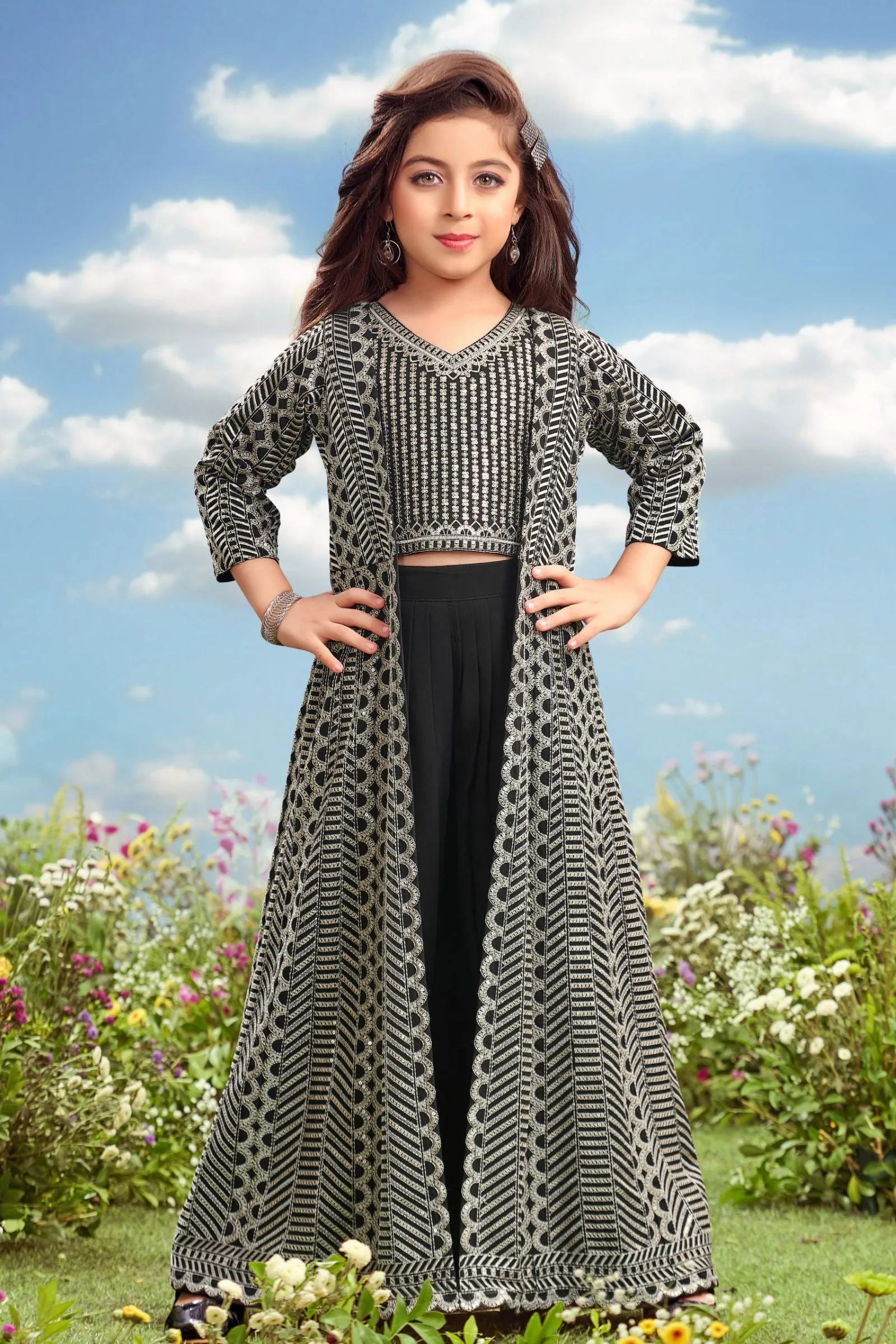 Black Lucknowi and Sequins work Long Overcoat Styled Palazzo Set For Girls