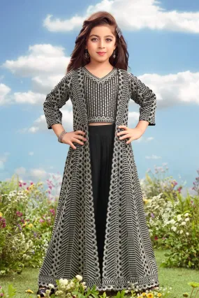 Black Lucknowi and Sequins work Long Overcoat Styled Palazzo Set For Girls