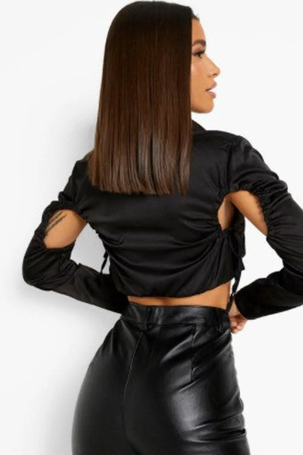 Black Satin Ruched Detail Cropped Shirt