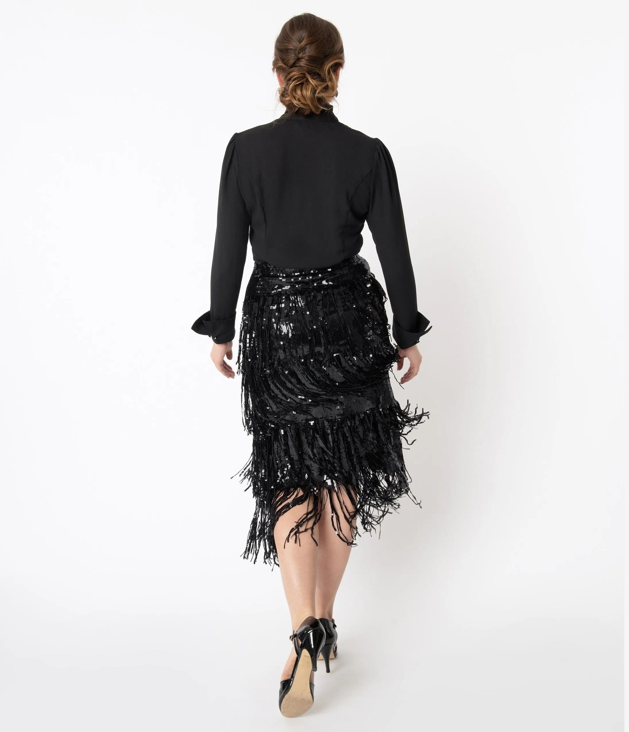 Black Sequin & Fringe Tiered Skirt