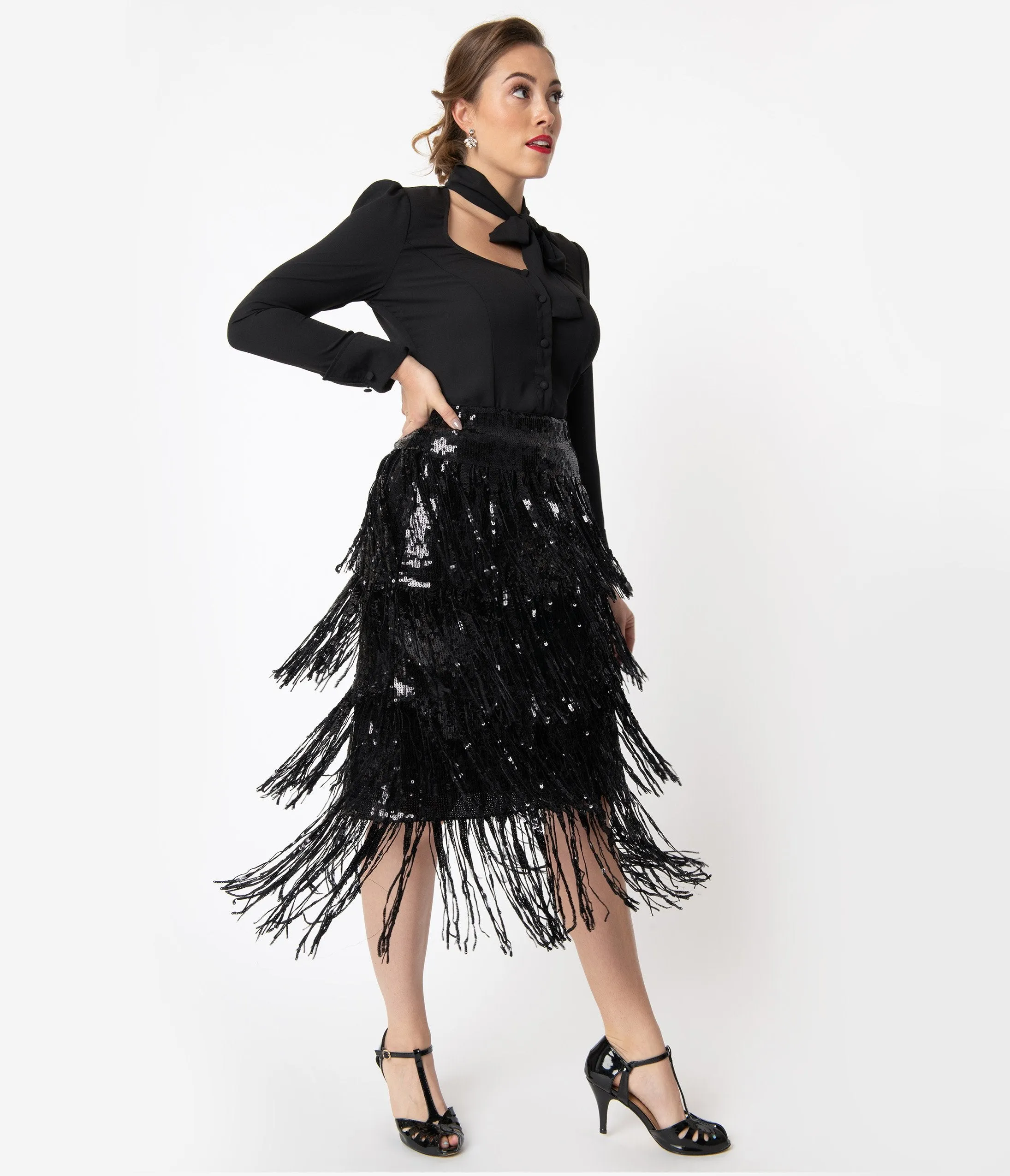 Black Sequin & Fringe Tiered Skirt