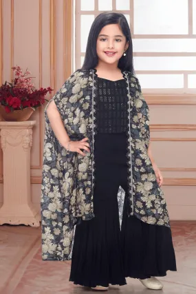 Black Sequins and Thread work with Floral Print Overcoat Styled Sharara Set For Girls