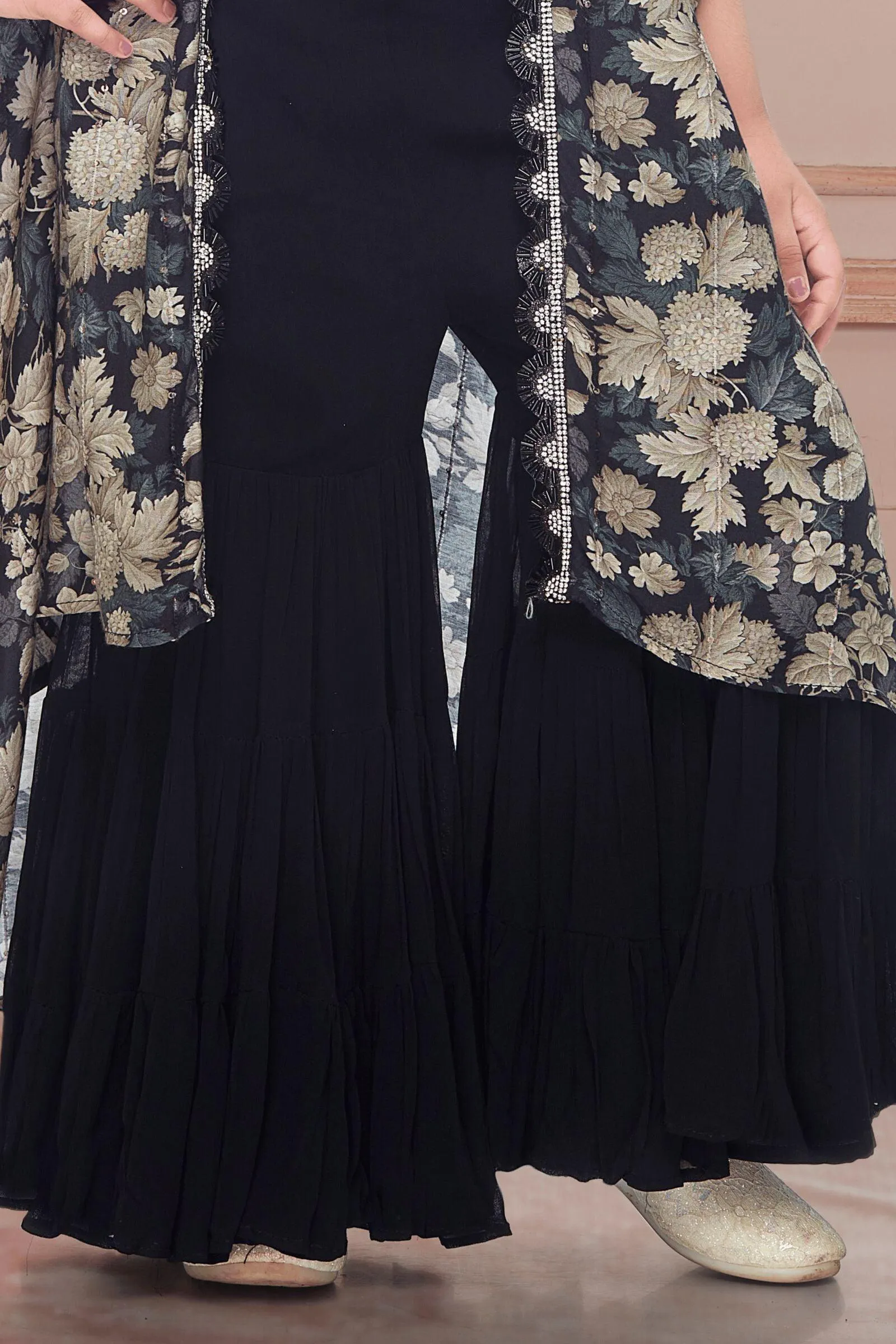 Black Sequins and Thread work with Floral Print Overcoat Styled Sharara Set For Girls