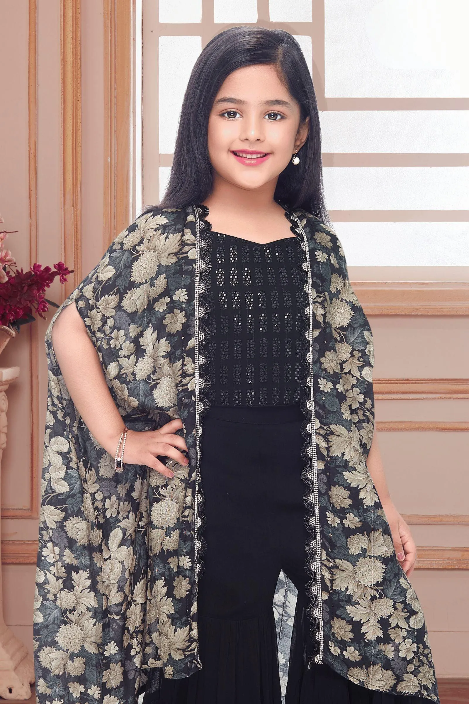 Black Sequins and Thread work with Floral Print Overcoat Styled Sharara Set For Girls