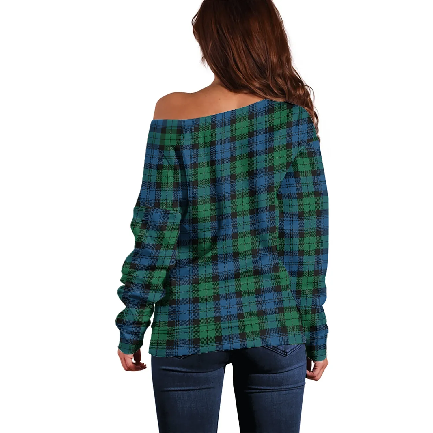 Black Watch Ancient Tartan Off Shoulder Women Sweater with Family Crest