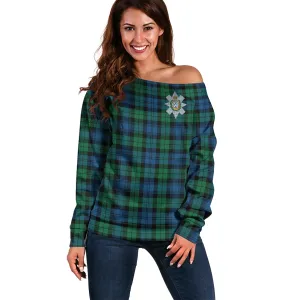 Black Watch Ancient Tartan Off Shoulder Women Sweater with Family Crest