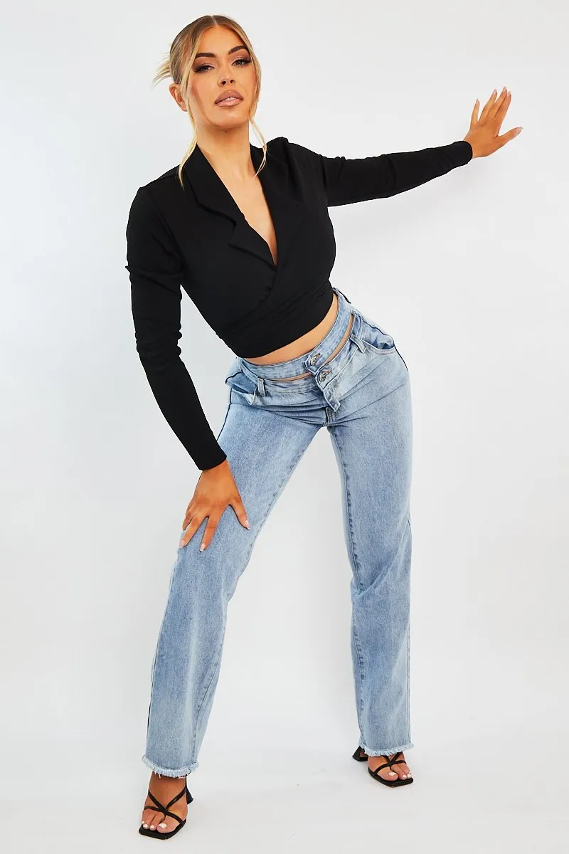 Black Wrap Around Crop Blazer - Coriana