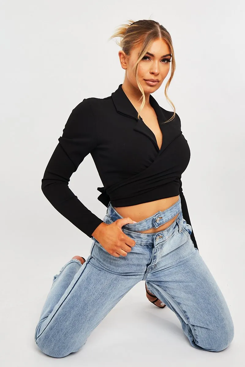 Black Wrap Around Crop Blazer - Coriana