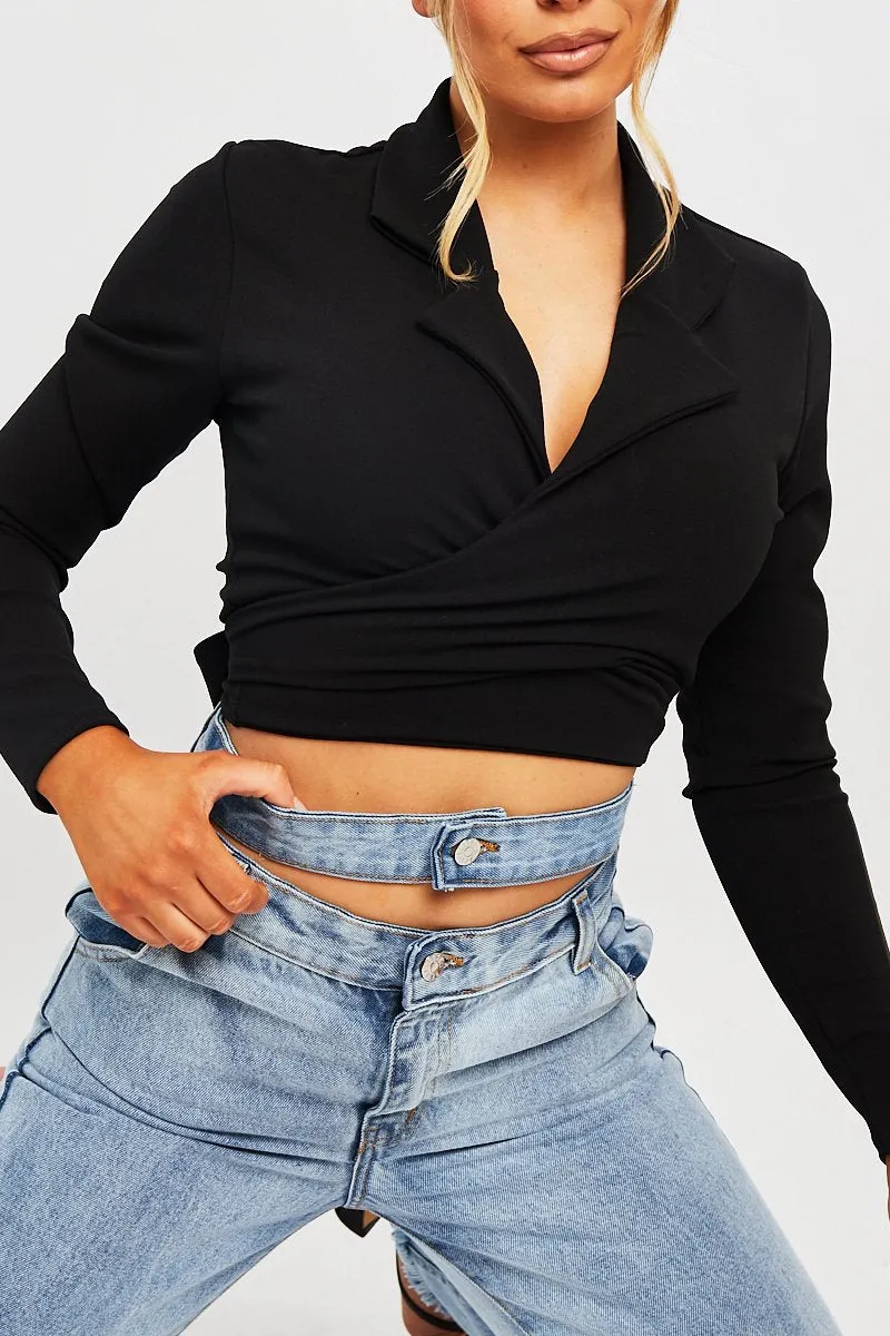 Black Wrap Around Crop Blazer - Coriana