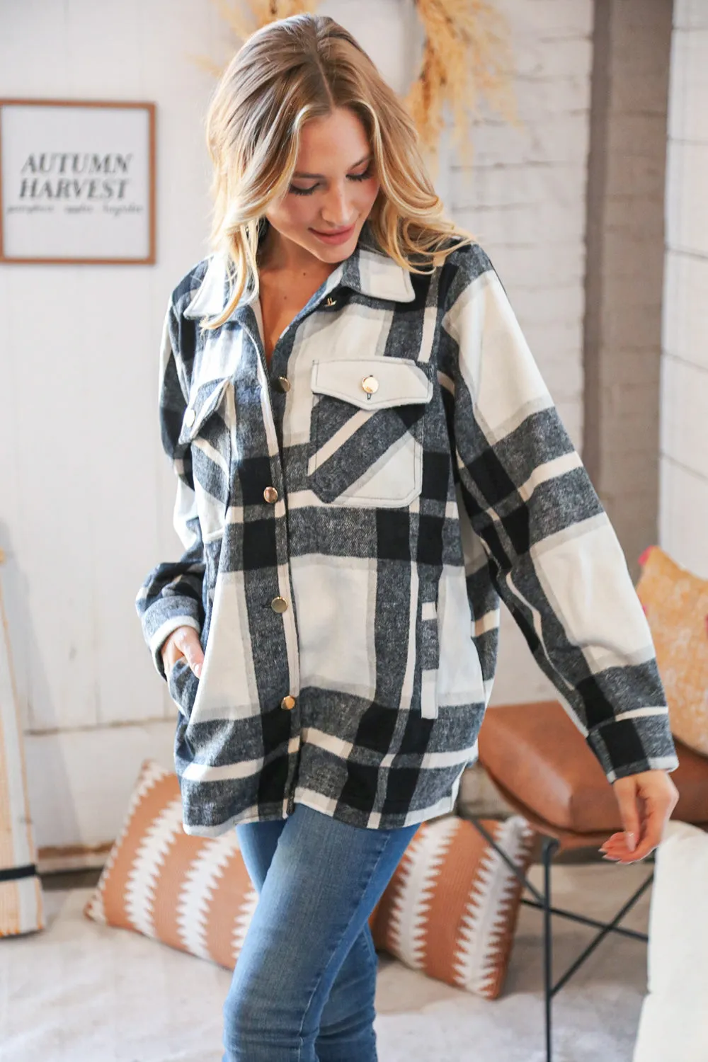 Black Yarn Dyed Plaid Oversized Pocketed Shacket