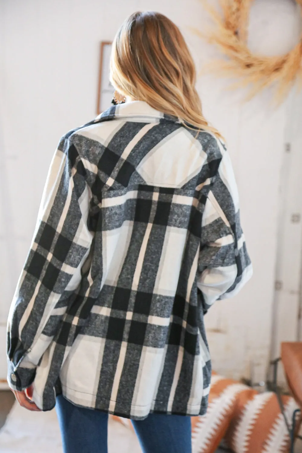 Black Yarn Dyed Plaid Oversized Pocketed Shacket