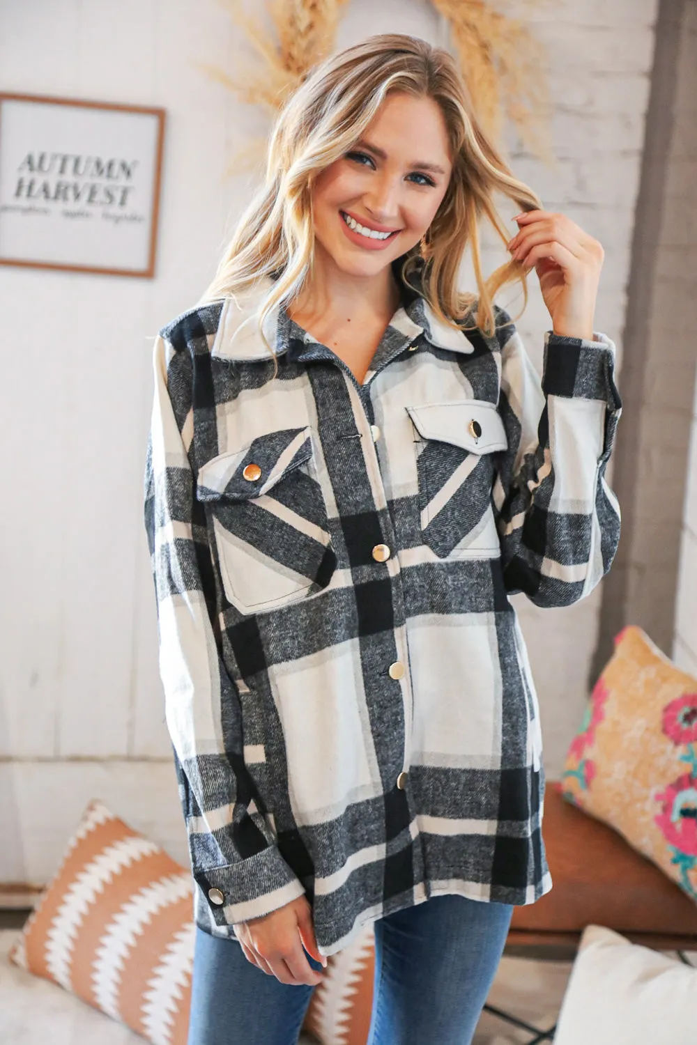 Black Yarn Dyed Plaid Oversized Pocketed Shacket