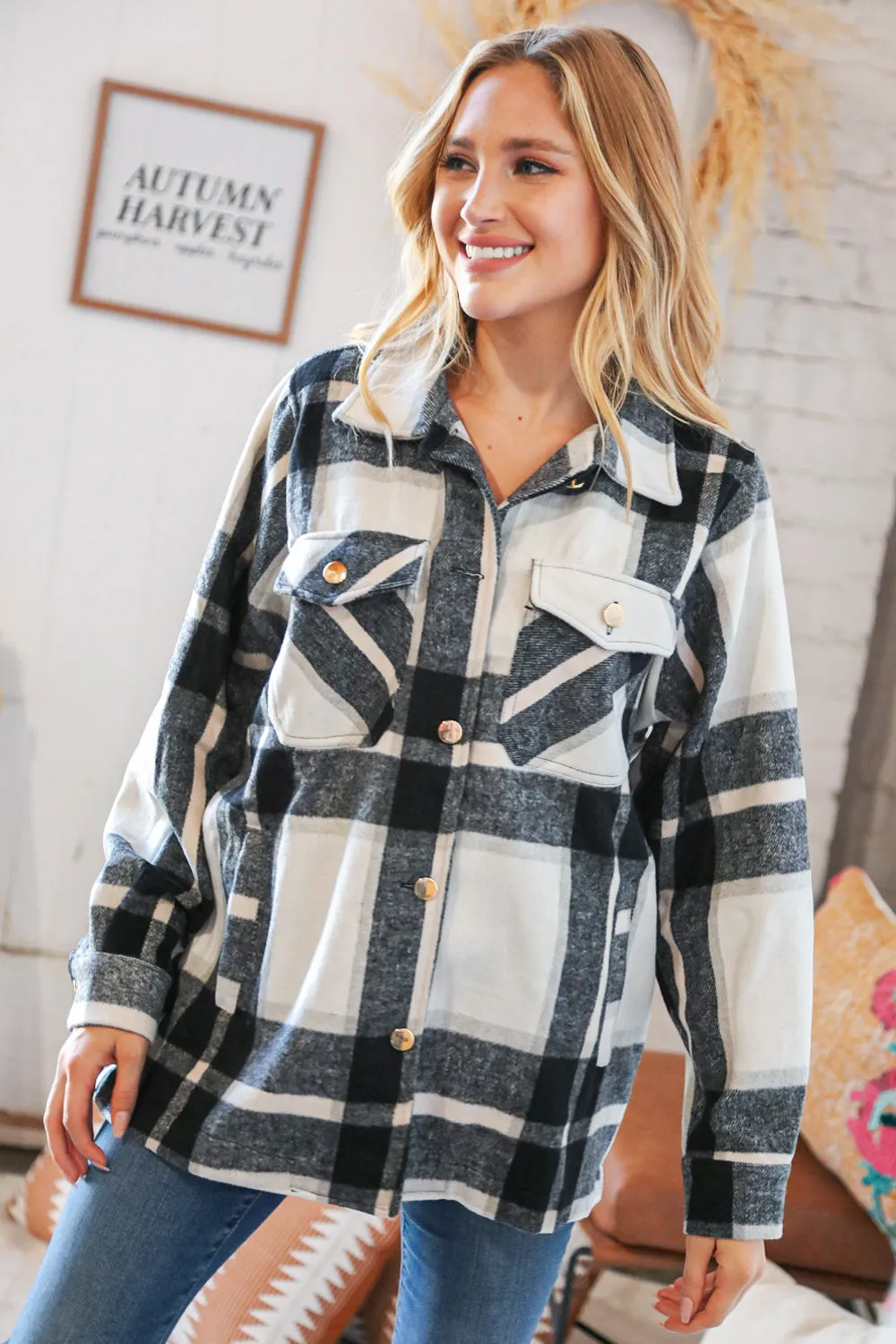 Black Yarn Dyed Plaid Oversized Pocketed Shacket