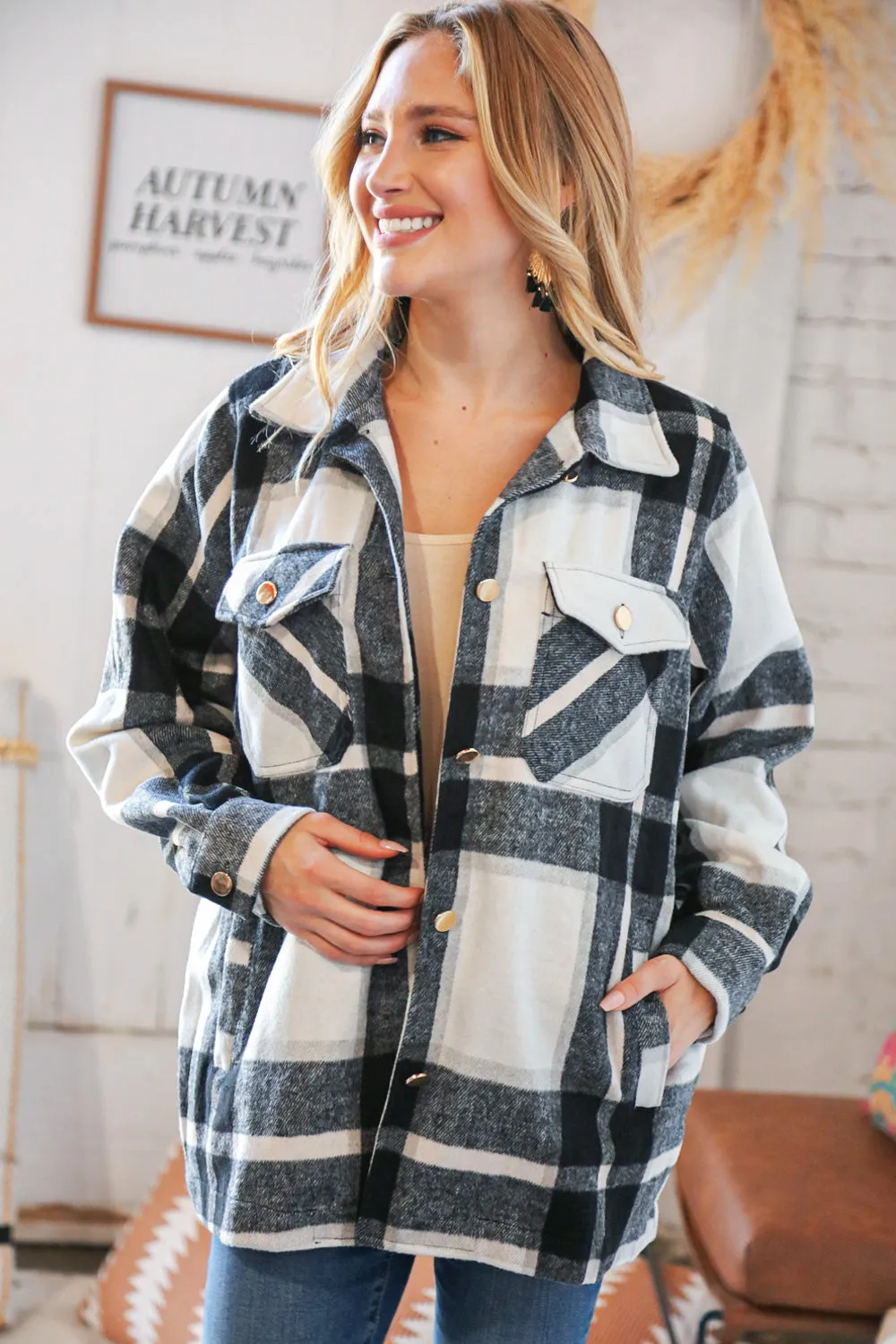 Black Yarn Dyed Plaid Oversized Pocketed Shacket