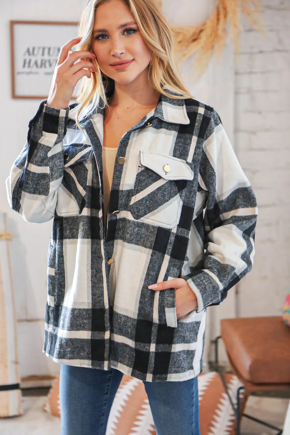 Black Yarn Dyed Plaid Oversized Pocketed Shacket