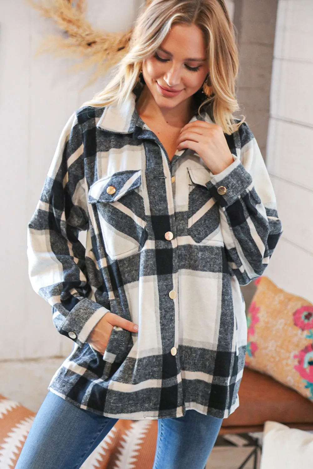 Black Yarn Dyed Plaid Oversized Pocketed Shacket