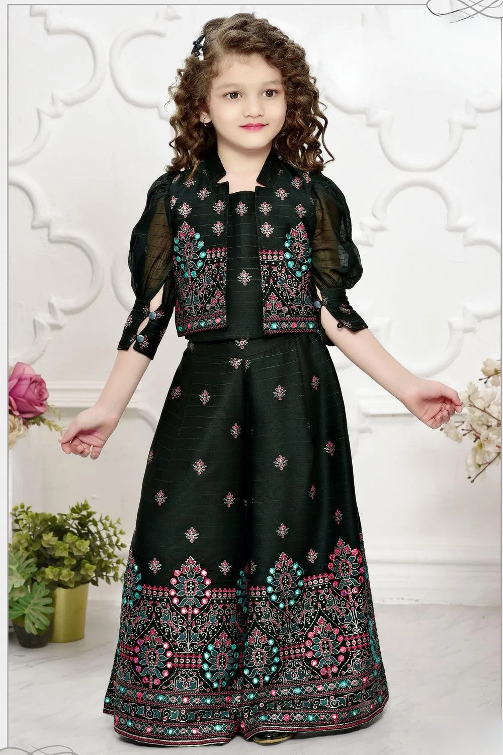 Black Zari and Thread work Overcoat Styled Palazzo Set for Girls