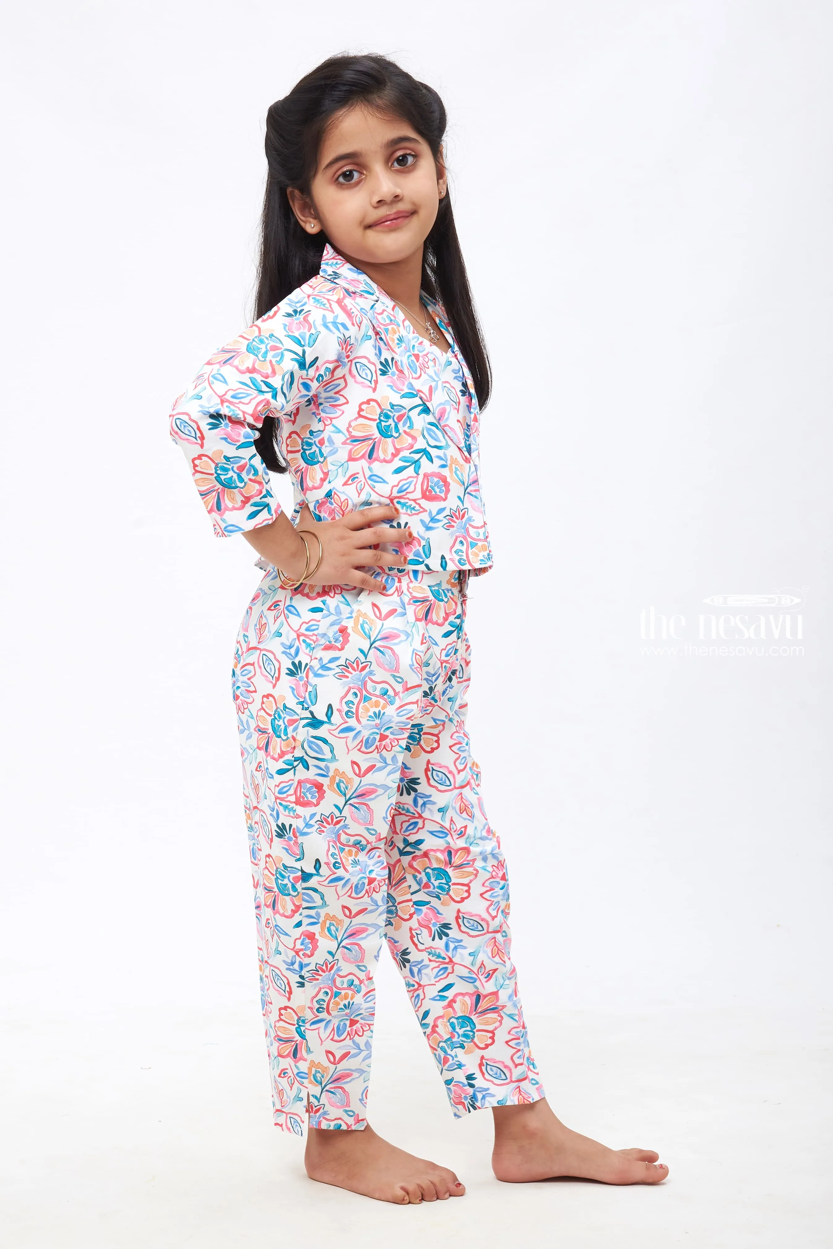 Blossom Parade: Girls Floral Crop Top Overcoat & Pant Set