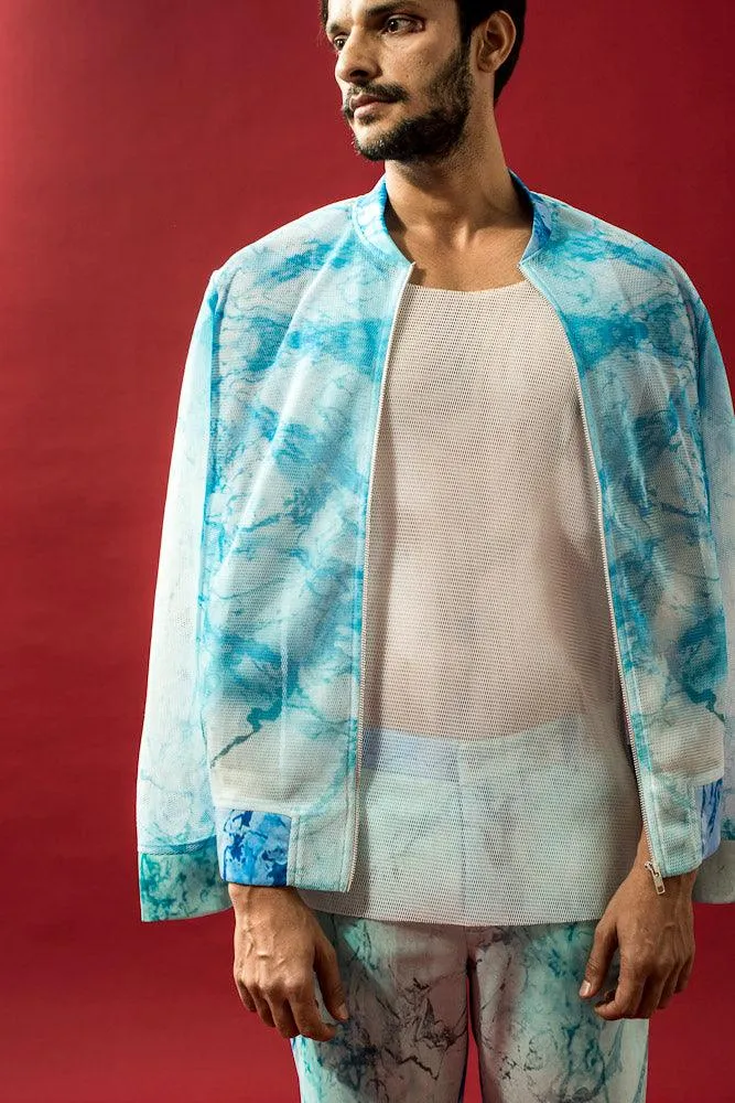 Blue Wave Print Men's Bomber Jacket