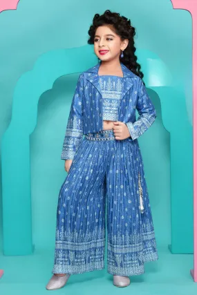 Blue with Digital Print Overcoat Styled Palazzo Set for Girls