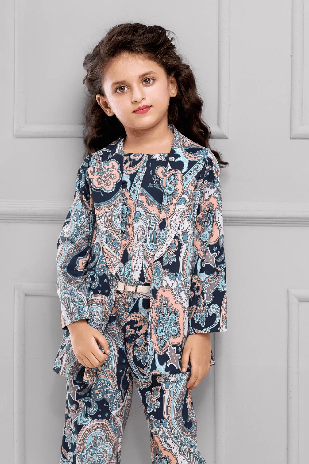 Blue with Peach Digital Print Overcoat Styled Co-ord Set for Girls