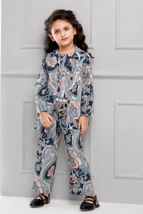 Blue with Peach Digital Print Overcoat Styled Co-ord Set for Girls