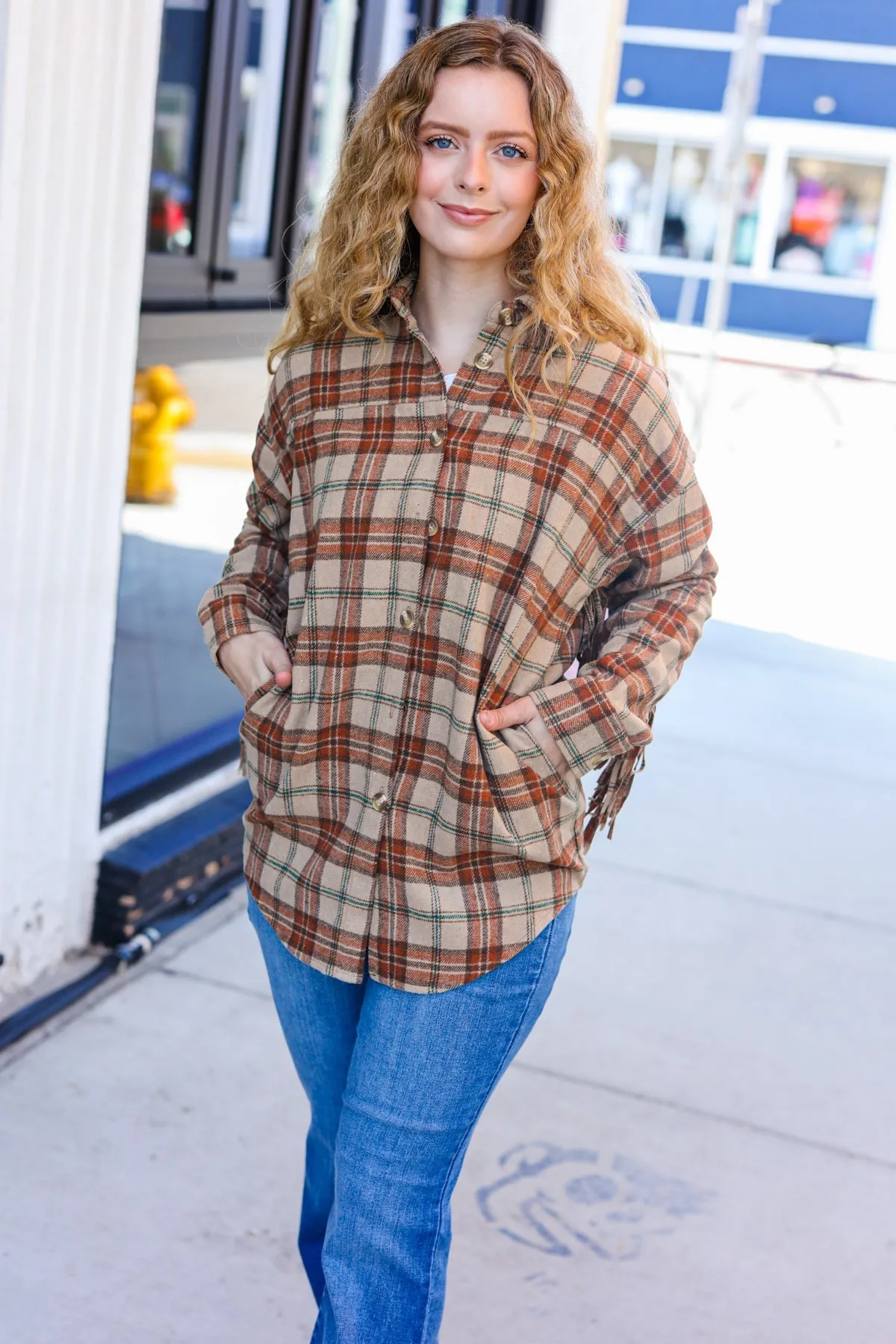 Boldly You Taupe & Rust Flannel Plaid Fringe Jacket