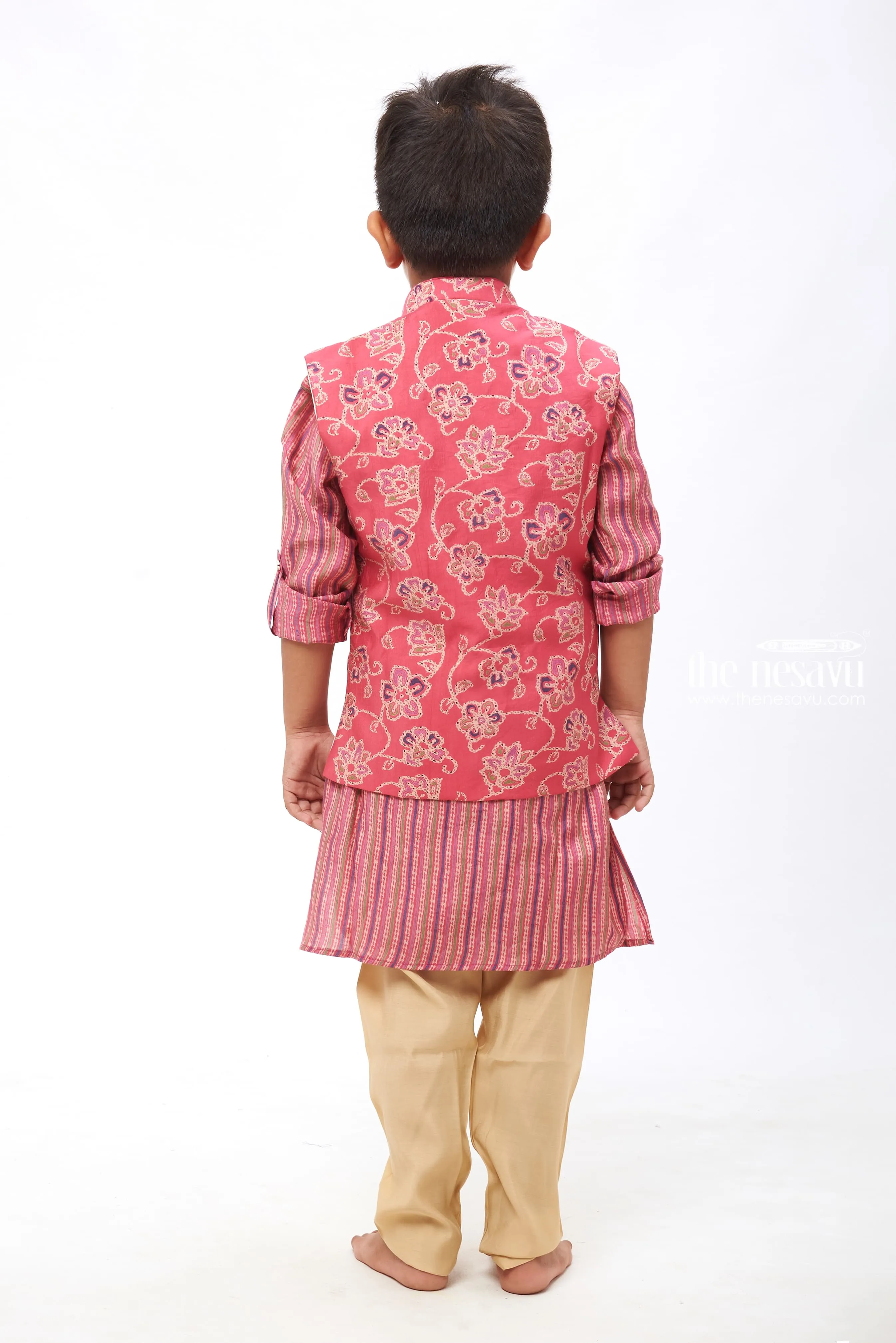 Boys Traditional Pink Kurtha with Floral Overcoat and Striped Jacket Set